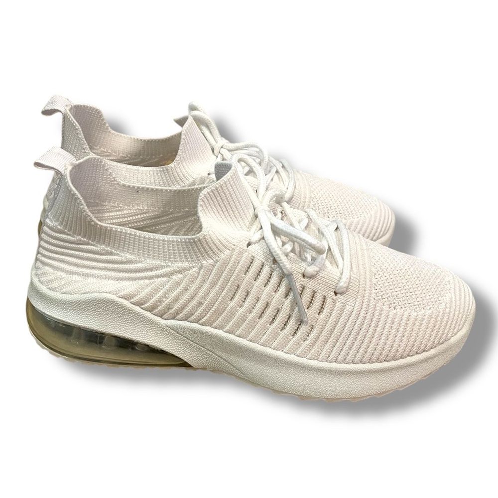 White Knit Mid-Top Sneakers with Ribbed Texture